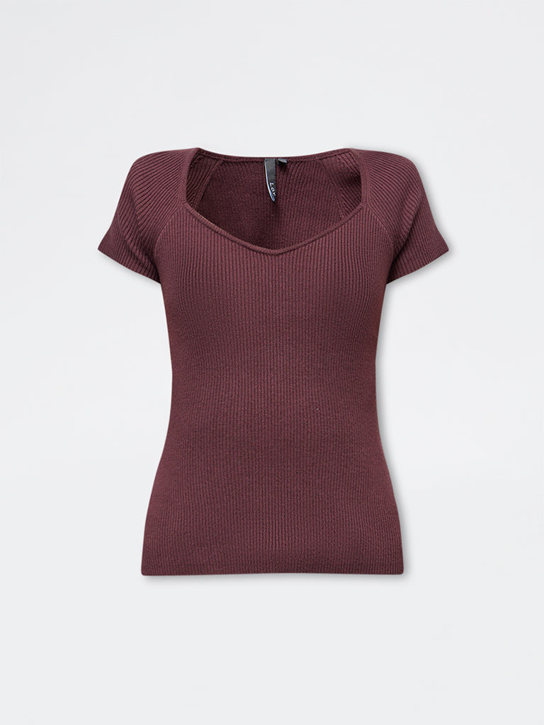 LOV Dark Brown Ribbed-Textured Top