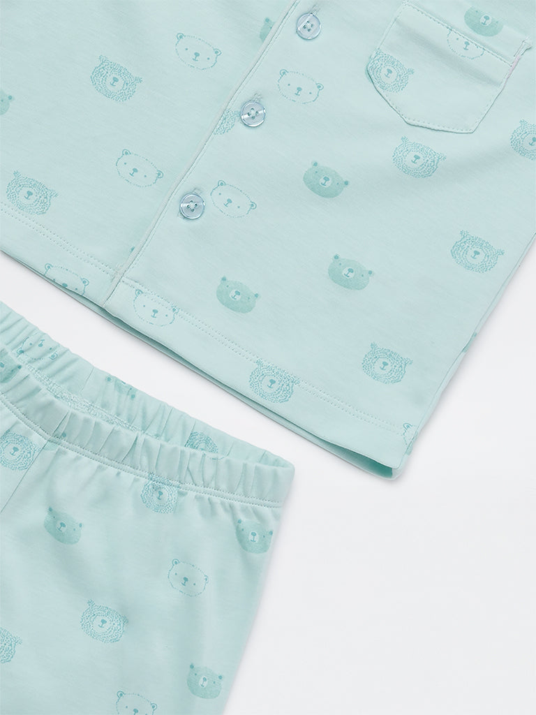 HOP Baby Girls Seagreen Animal Printed SUPIMA Cotton Shirt and Shorts Set