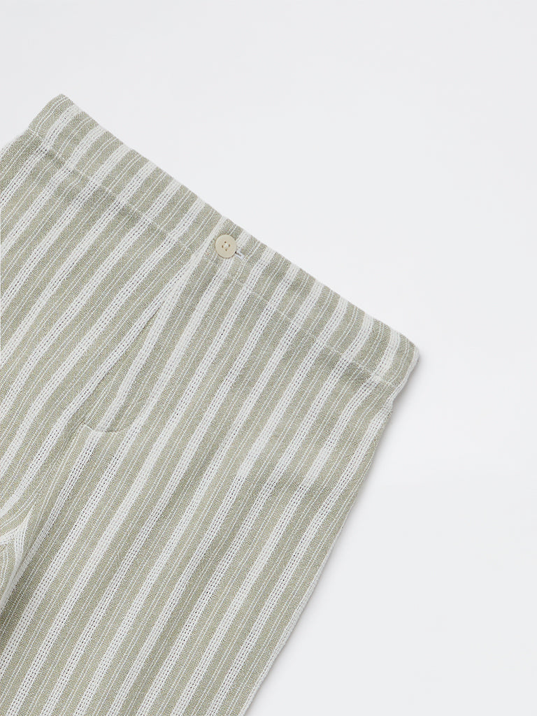 HOP Kids Girls Sage Striped High-Rise Cotton Trousers