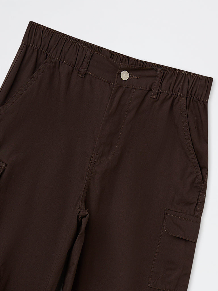 Boys Brown Mid-Rise Cotton Cargo Pants