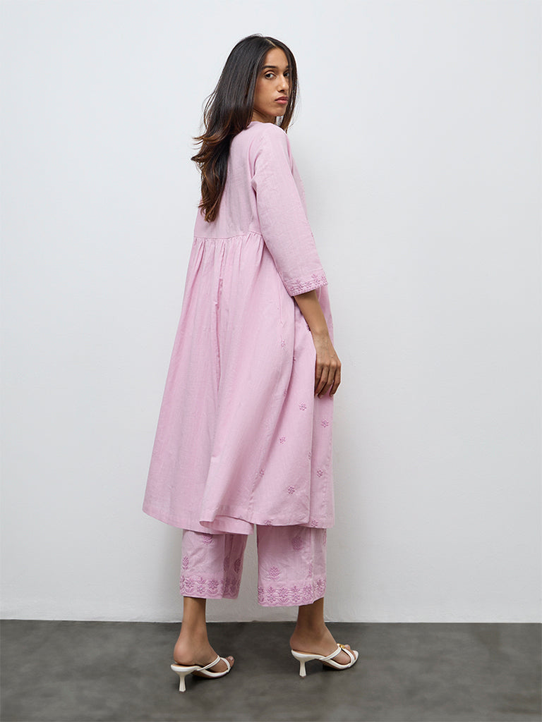 Utsa Pink Floral Embroidered Cotton A-Line Kurta