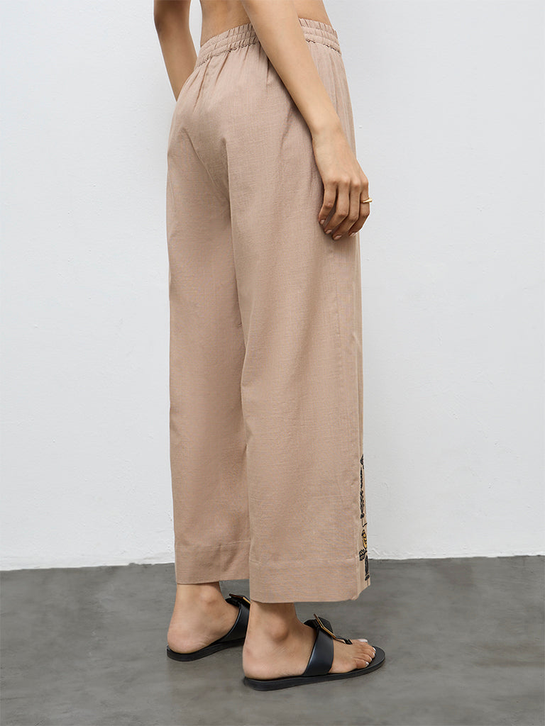 Utsa Beige Embroidered Cotton Pants