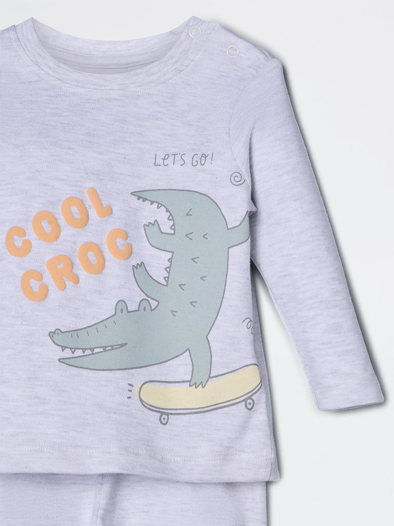 HOP Baby Boys Grey Melange Animal Pattern T-Shirt and Pant Set - Exclusive