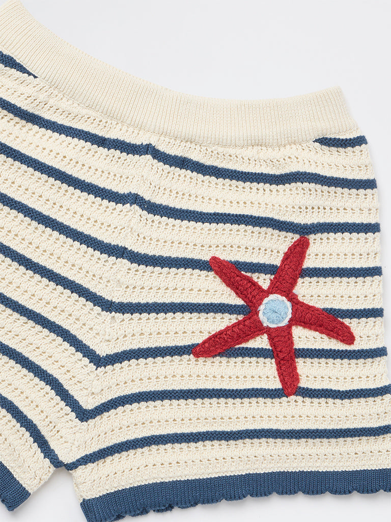 HOP Kids Girls Cream Crochet Knitted High-Rise Cotton Shorts
