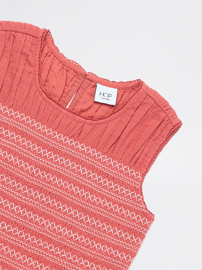 HOP Kids Girls Dusty Orange Embroidered Cotton Top