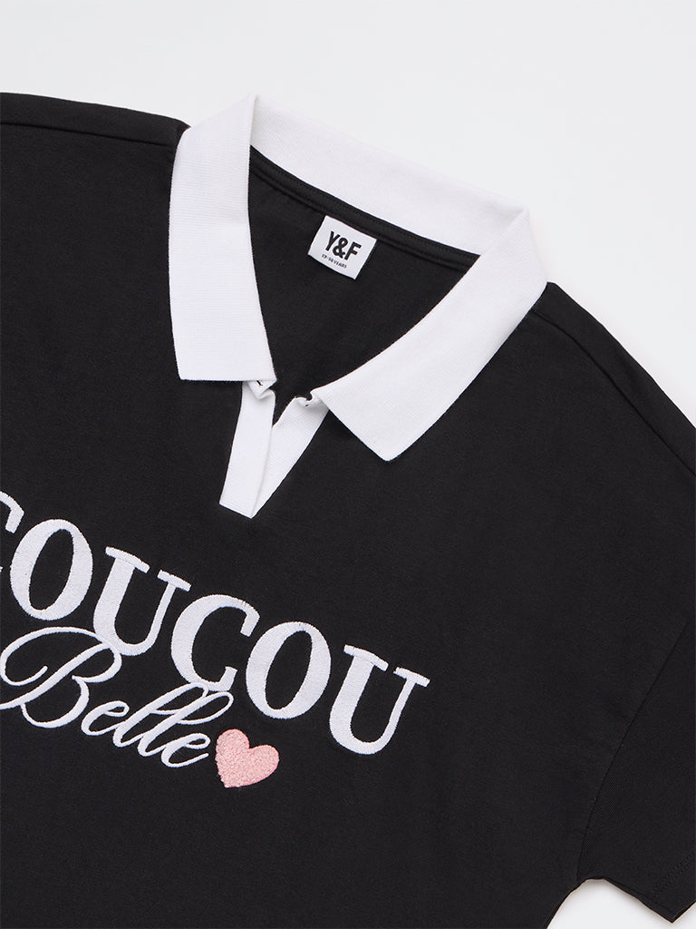 Y&F Kids Girls Black Embroidered Cotton T-Shirt