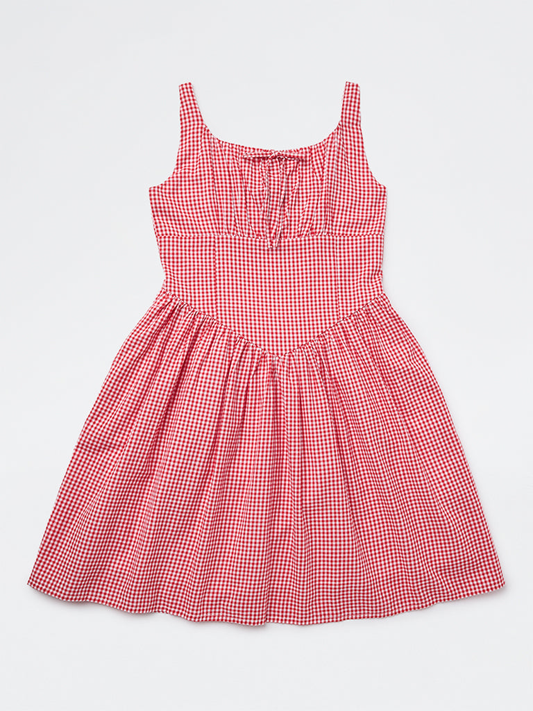 Buy Y&F Teen Girls Red Gingham Check A-Line Cotton Dress from Westside