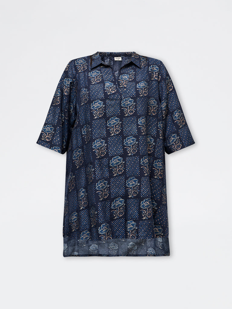 Diza Dark Blue Floral Printed High-Low Tunic