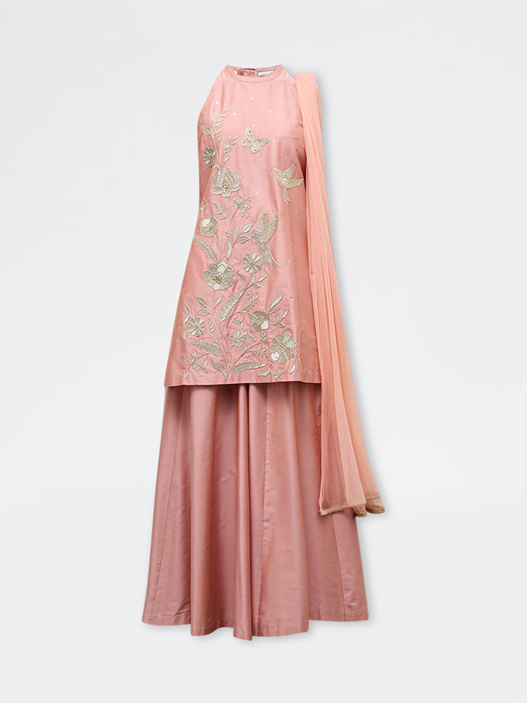 Vark Orange Embroidered Straight Ethnic Set