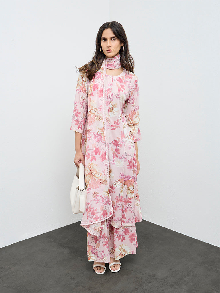 Zuba Pink Floral Pattern Cotton-Blend Dupatta