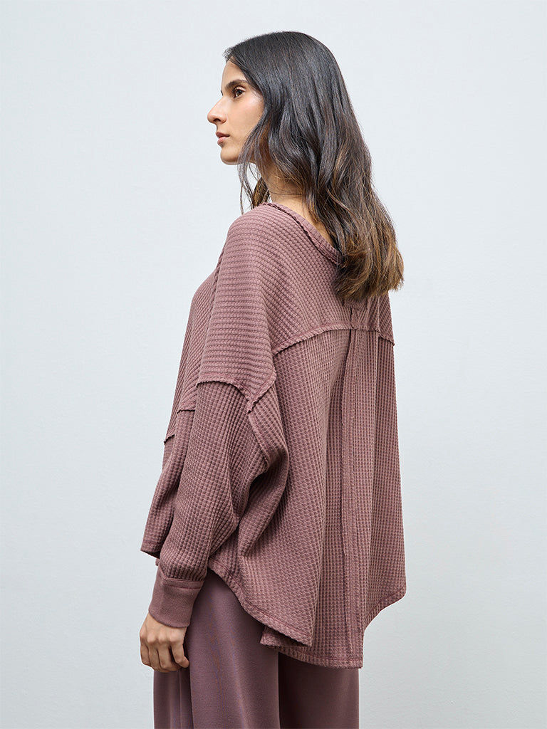 Wunderlove Brown Waffle-Textured Oversized Cotton-Blend Top