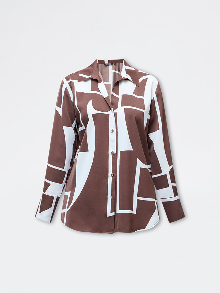 Wardrobe Brown Abstract Printed Shirt