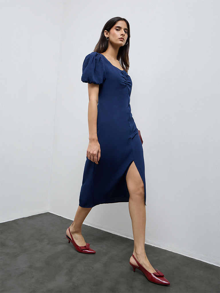 Buy Wardrobe Dark Blue Crinkle-Textured A-Line Dress from Westside
