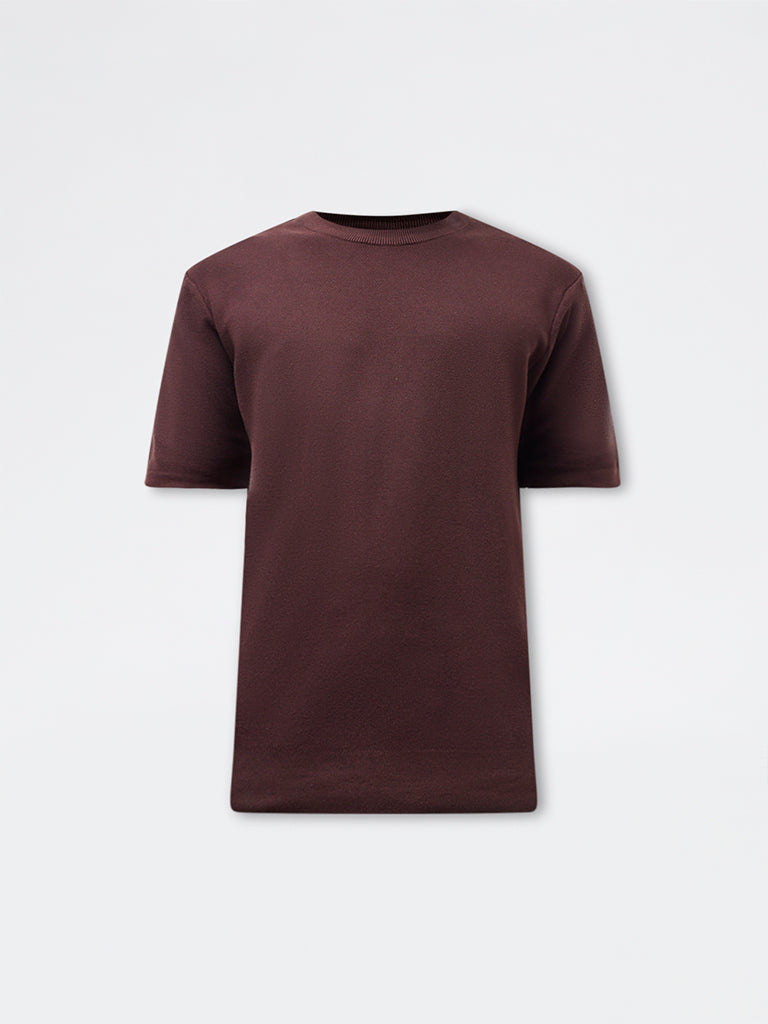 WES Formals Dark Brown Knitted Slim-Fit T-Shirt