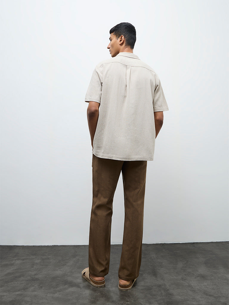 ETA Taupe Textured Relaxed-Fit Mid-Rise Cotton Chinos