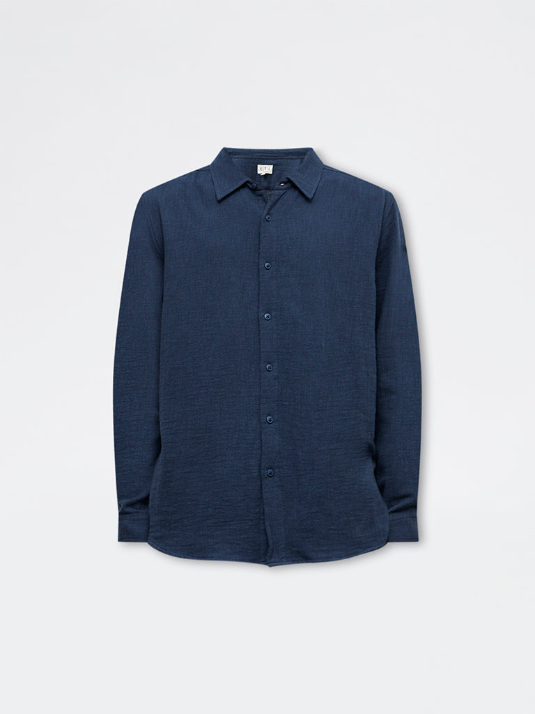 ETA Navy Textured Relaxed-Fit Cotton Shirt