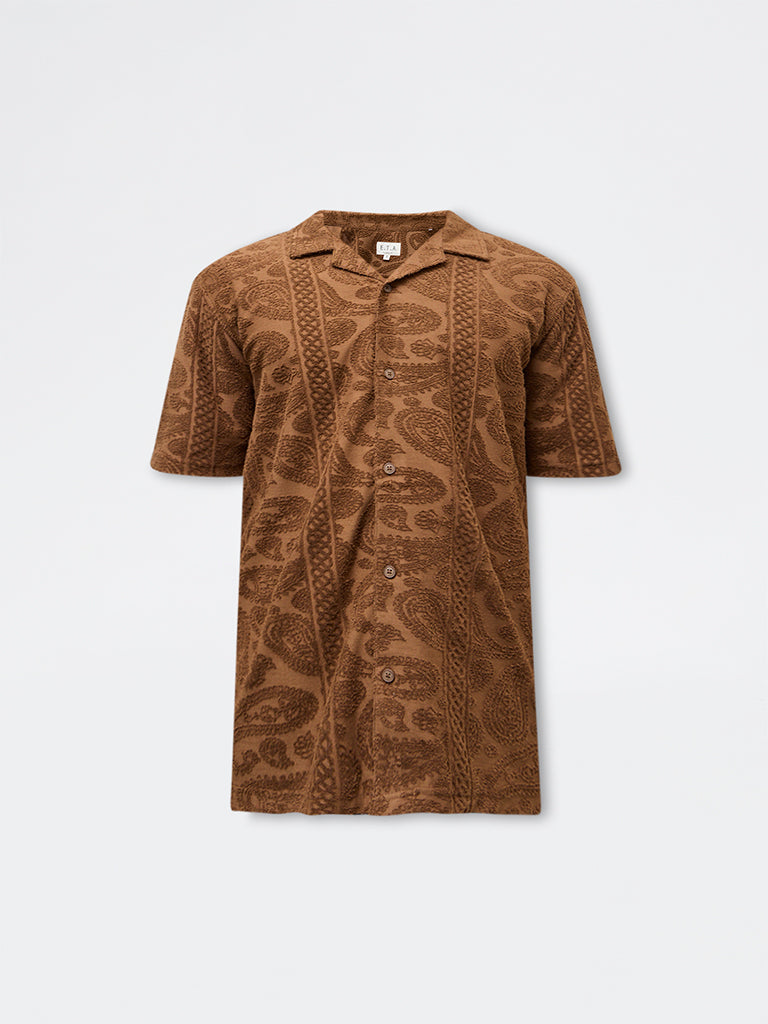 ETA Tan Paisley Embroidered Relaxed-Fit Cotton-Blend Shirt