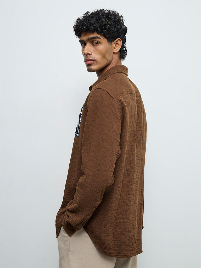 ETA Brown Embroidered Relaxed-Fit Cotton Shirt