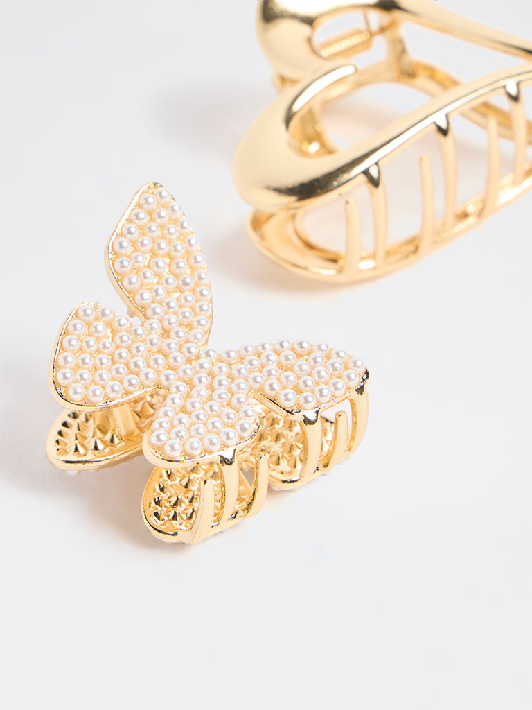 Westside Accessories Gold Pearlescent Butterfly and Heart Hair Clips - Pack of 2
