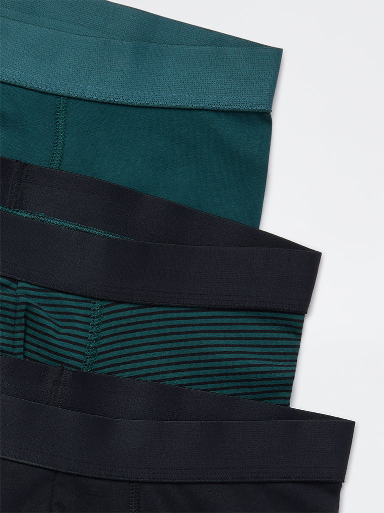 WES Lounge Green Striped Cotton-Blend Trunks - Pack of 3