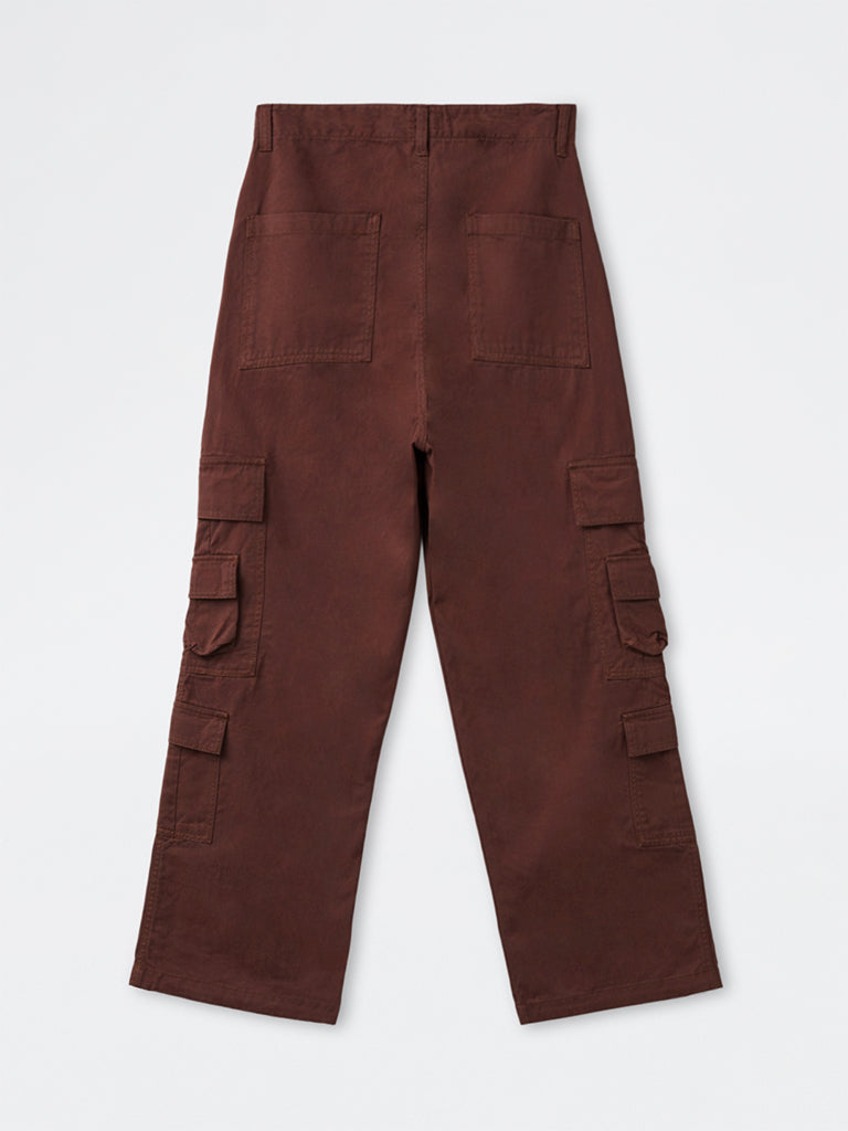 Nuon Brown Relaxed-Fit Mid-Rise Cotton Cargo Pants