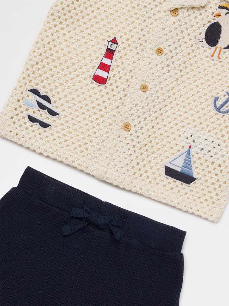 HOP Baby Boys White Crochet Cotton Shirt and Shorts Set
