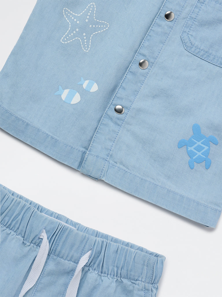 HOP Baby Boys Blue Denim Shirt and Shorts Set