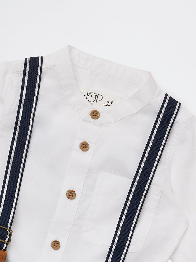 HOP Baby Boys White Cotton Shirt, Jeans, and Suspender Set