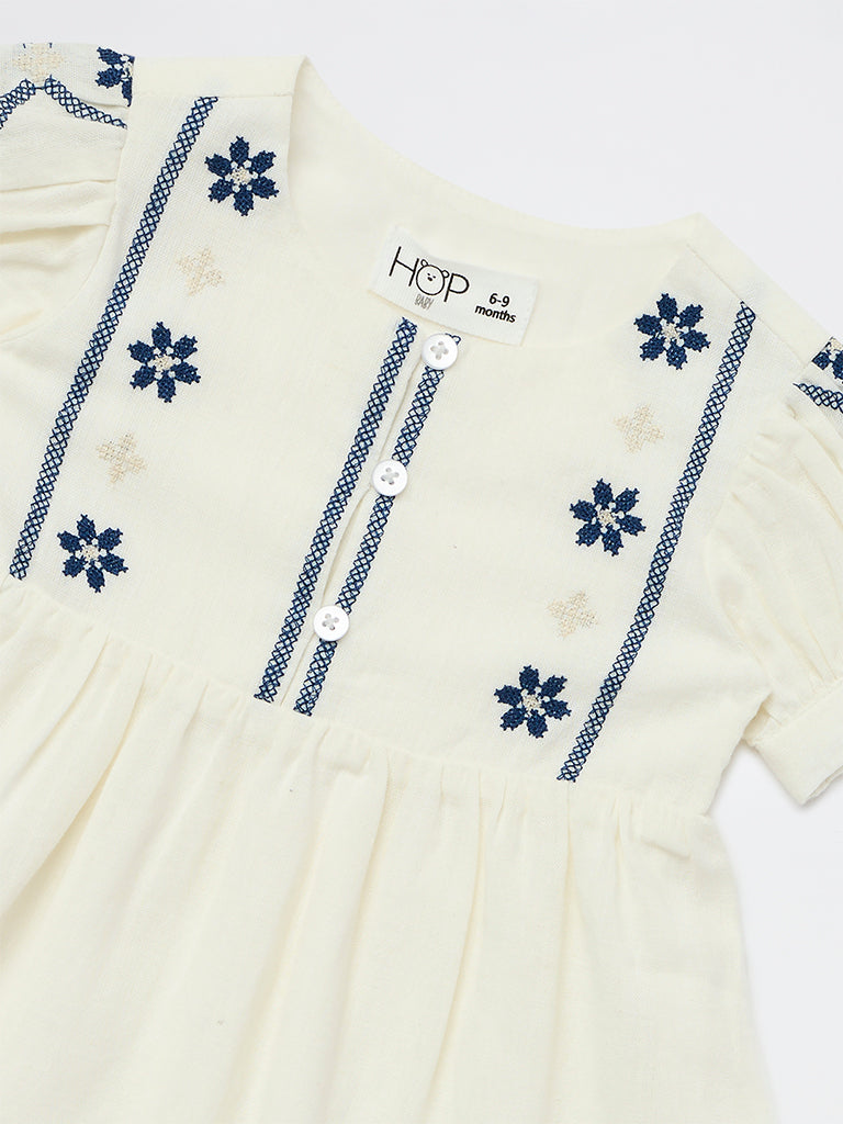 HOP Baby Girls Cream Embroidered Cotton A-Line Dress