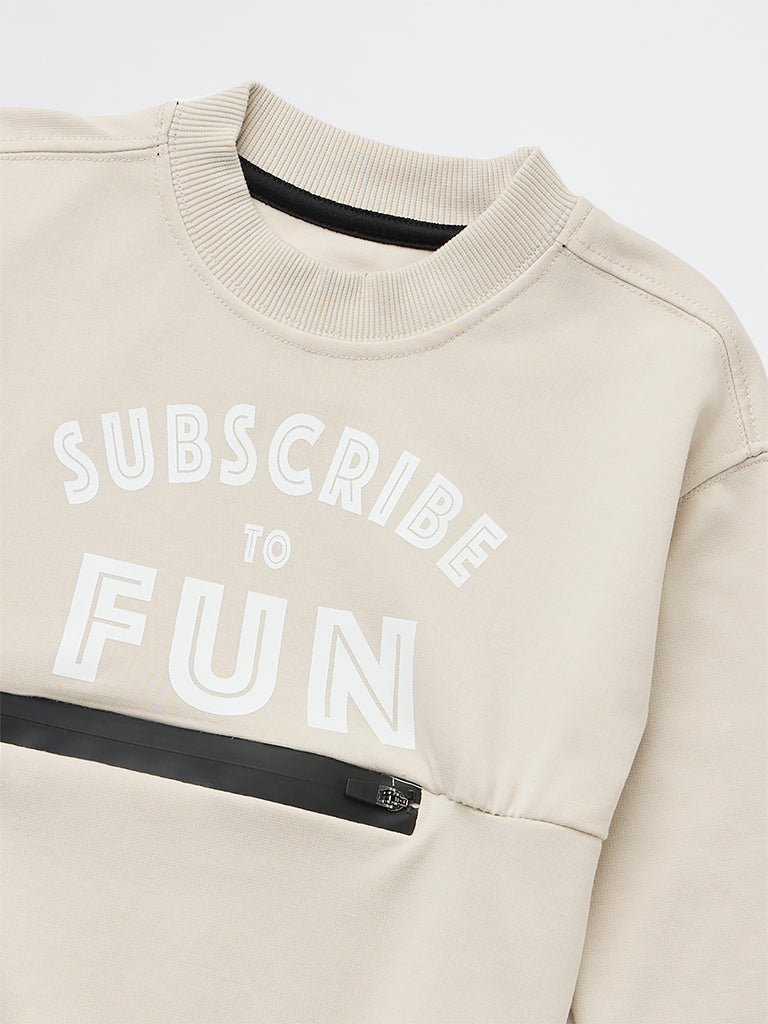 HOP Kids Boys Light Beige Printed Cotton-Blend Sweatshirt
