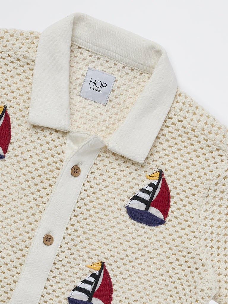HOP Kids Boys Off-White Crochet-Knitted Cotton Shirt