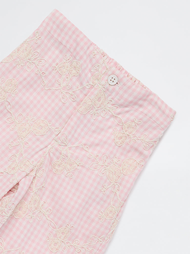 HOP Kids Girls Pink Checkered High-Rise Cotton Pants
