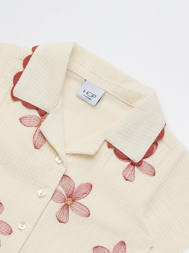 HOP Kids Girls Cream Floral Embroidered Resort-Fit Cotton Shirt