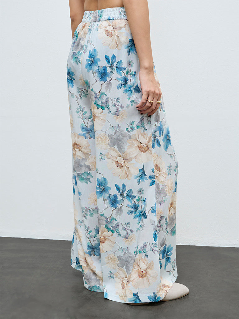 Zuba Blue Floral Printed Pants