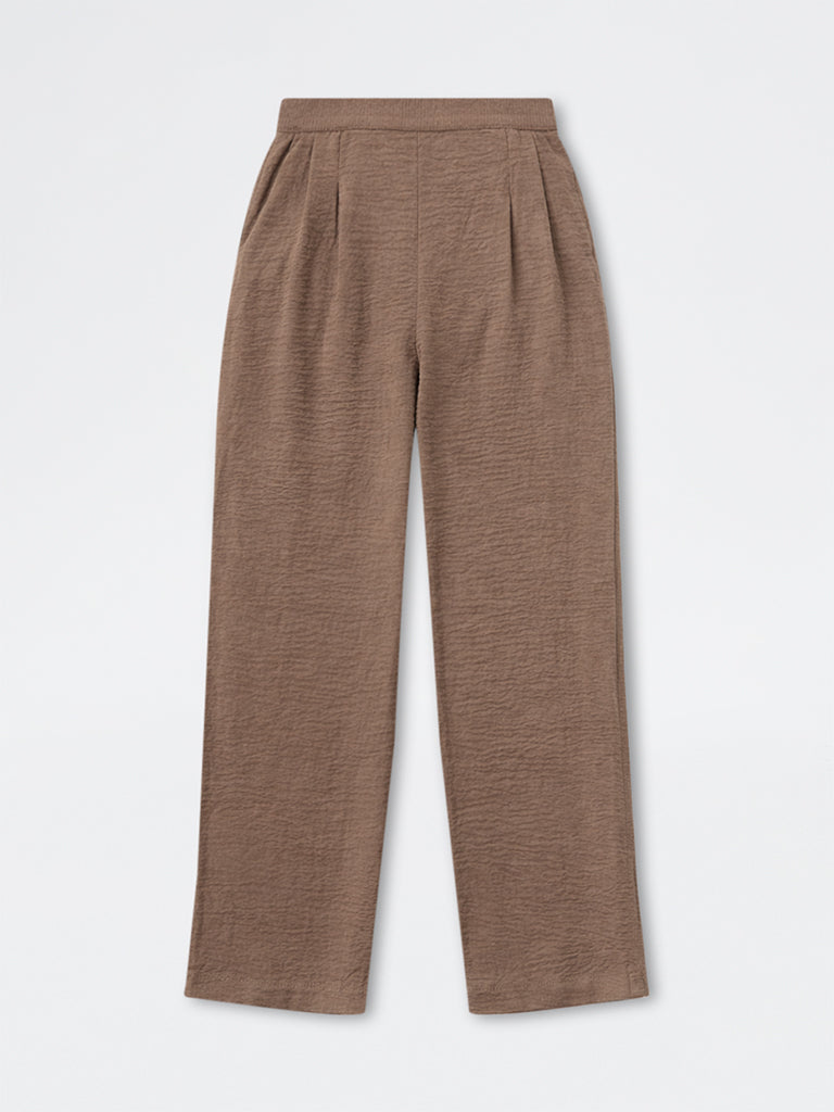 Wardrobe Brown Crinkle-Textured High-Rise Trousers