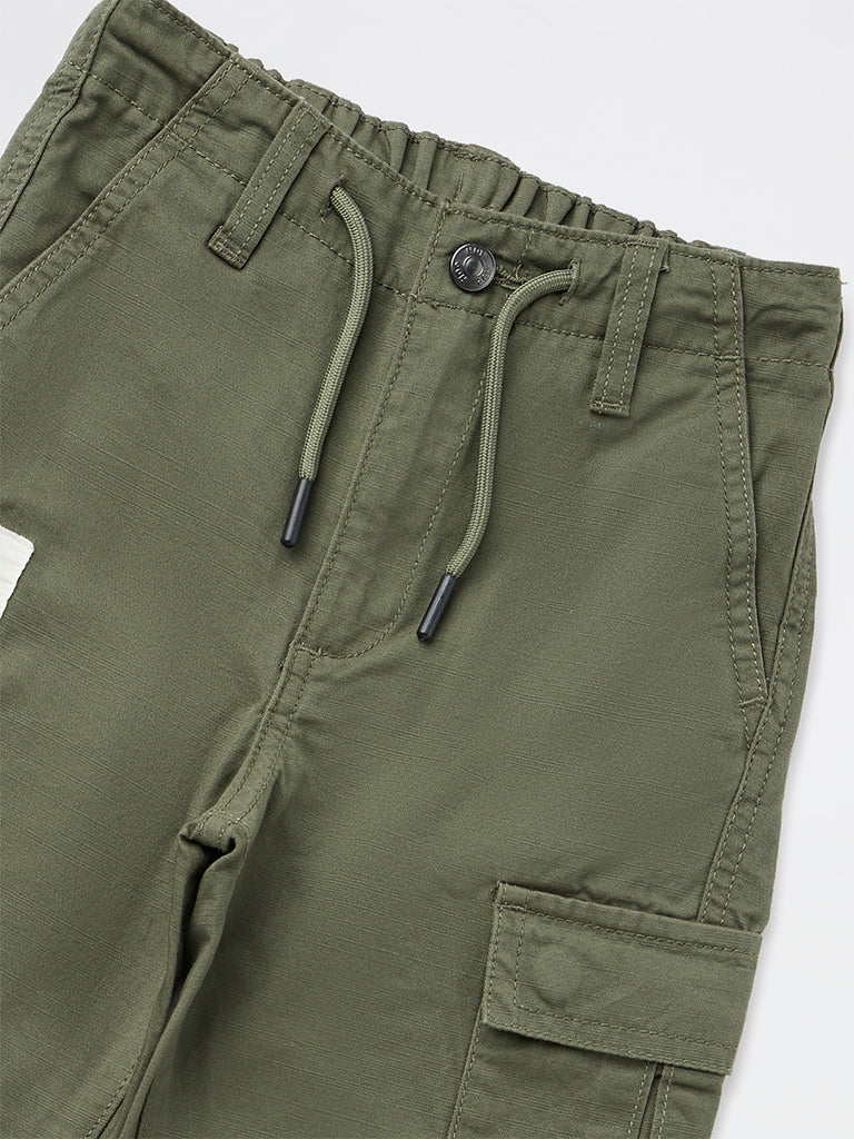 HOP Kids Boys Olive Solid Relaxed-Fit Cotton Cargo Pants