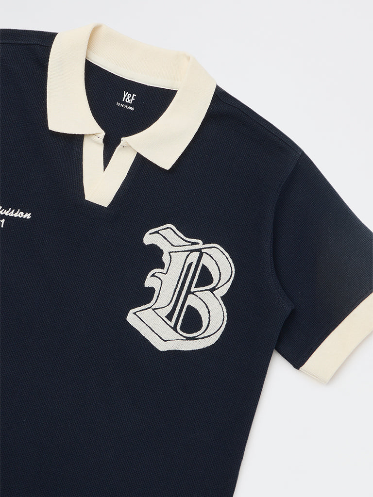 Boys Navy Text Design Cotton T-Shirt