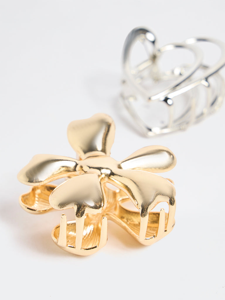 Westside Accessories Gold and Silver Flower and Heart Hair Clips - Pack of 2