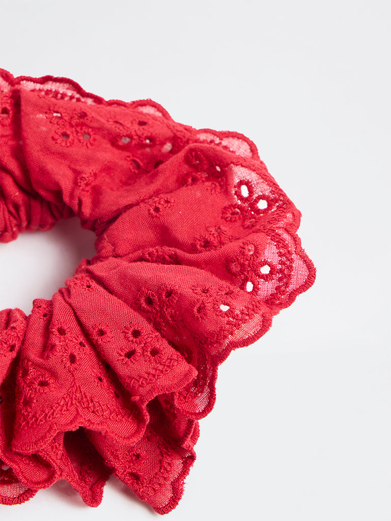 Westside Accessories Red Floral Schiffli Hair Scrunchie