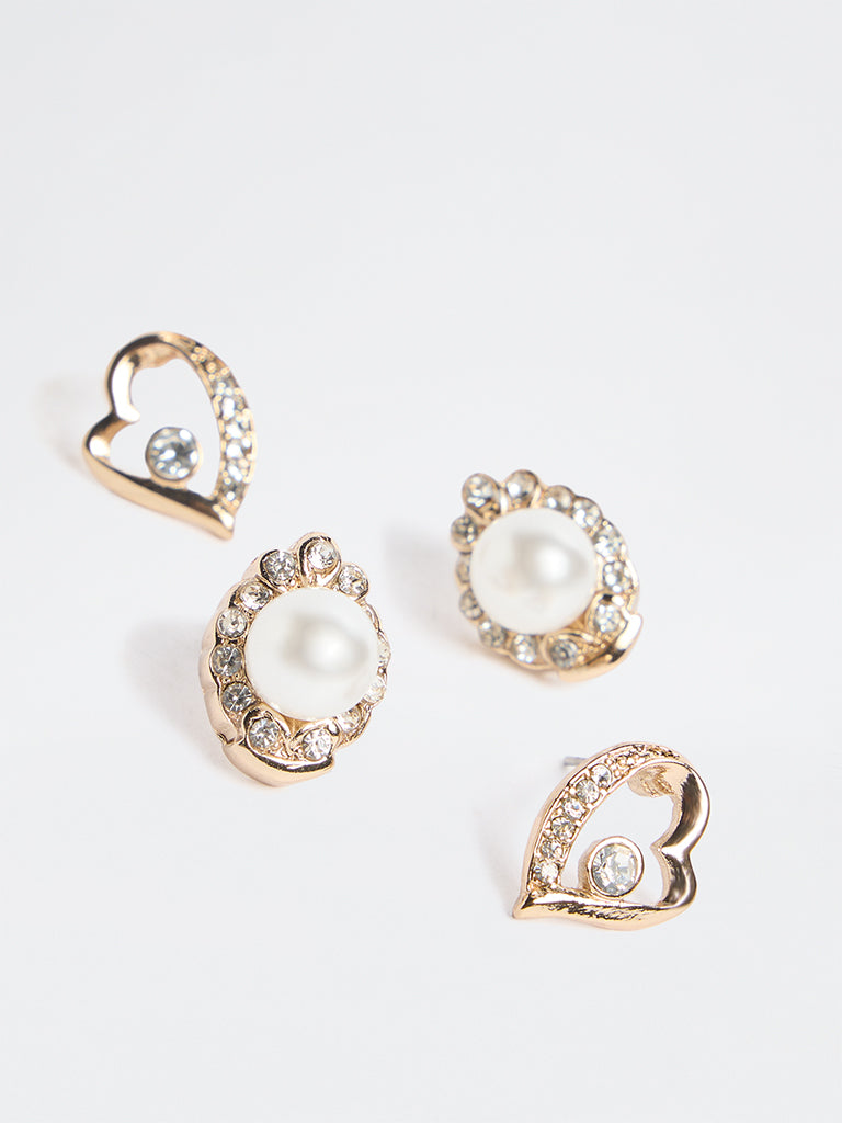 Westside Accessories Gold Stone and Pearl Stud Earrings - Pack of 2