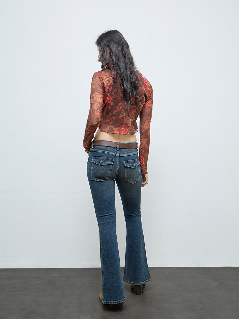 Nuon Brown Floral Detailed Mesh Top