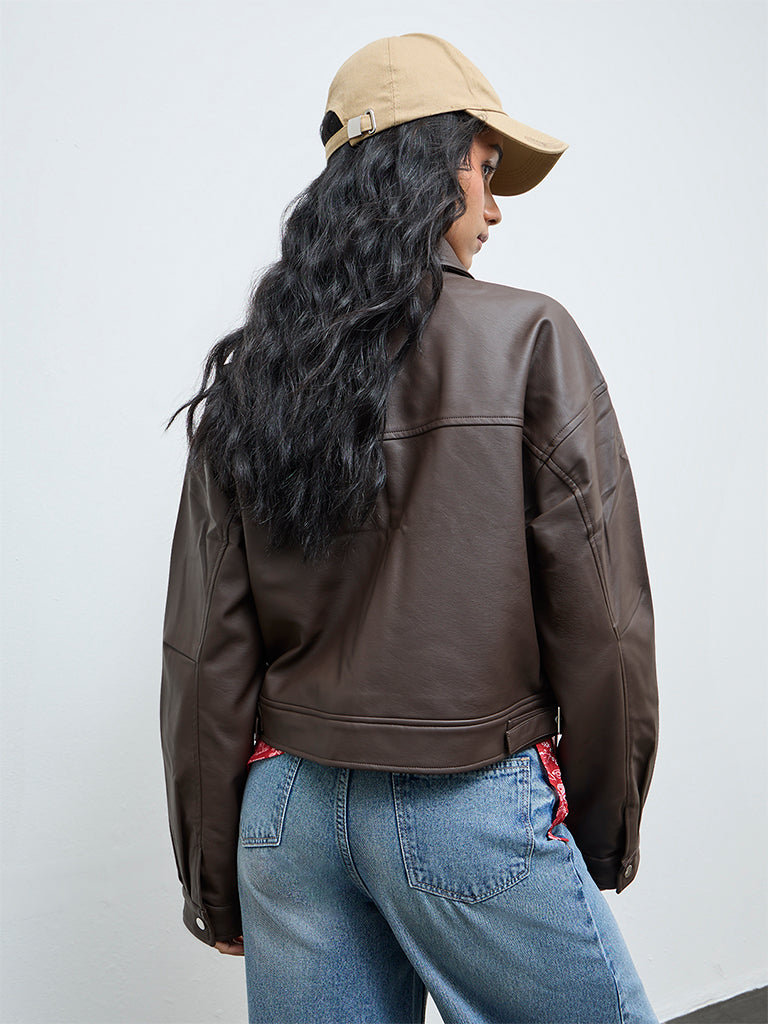 Nuon Dark Brown Faux-Leather Jacket