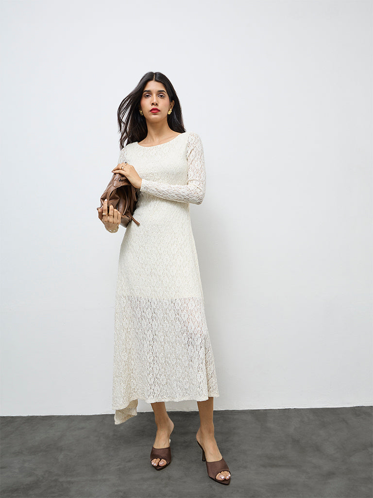 Buy LOV Cream Lace Design A-Line Dress from Westside