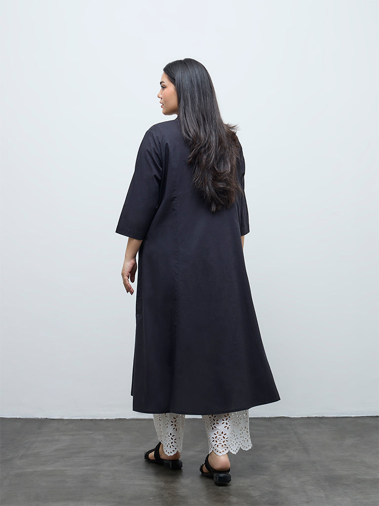 Diza Black Floral Embroidered Cotton A-Line Kurta