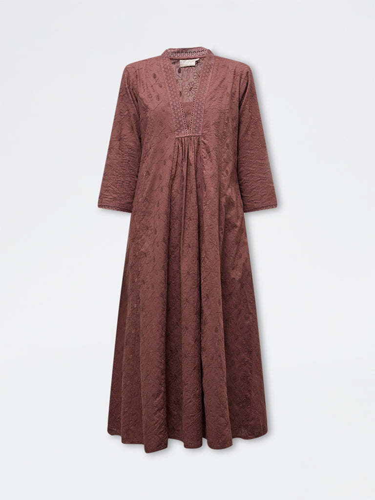 Utsa Dark Brown Floral Embroidered Cotton A-Line Kurta