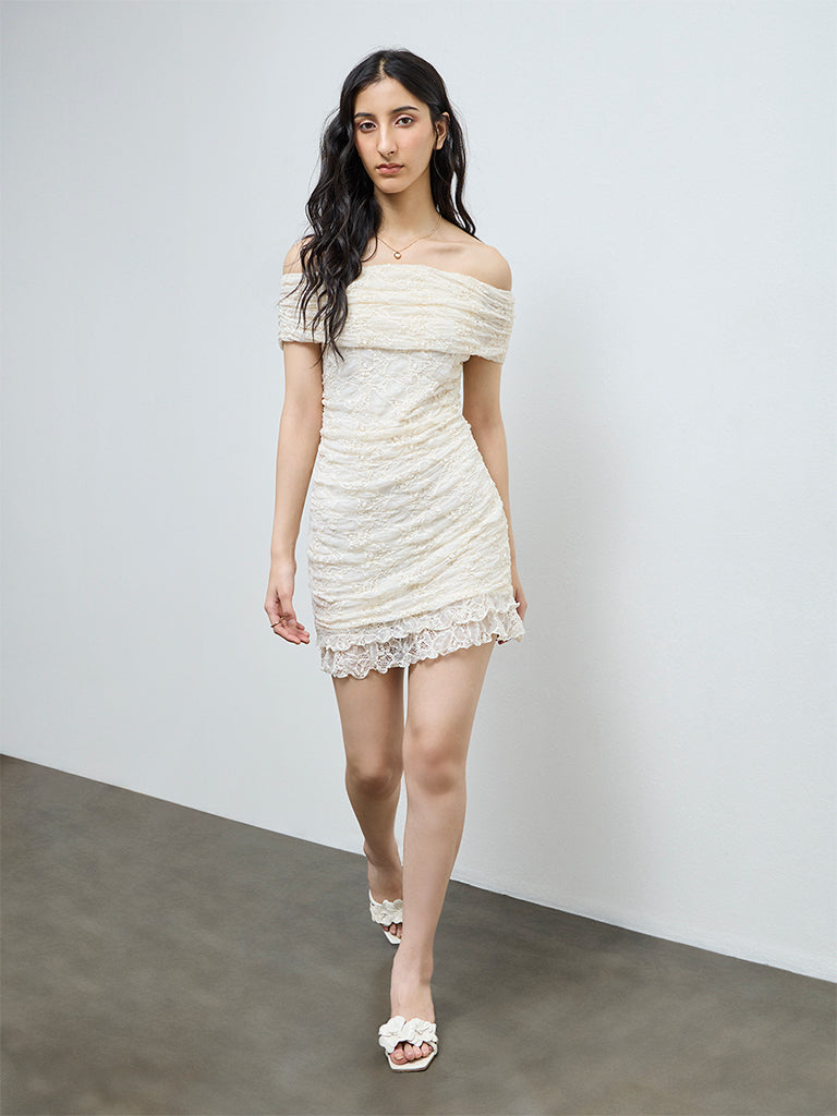 Buy Nuon Off-White Lace-Textured Bodycon Dress from Westside