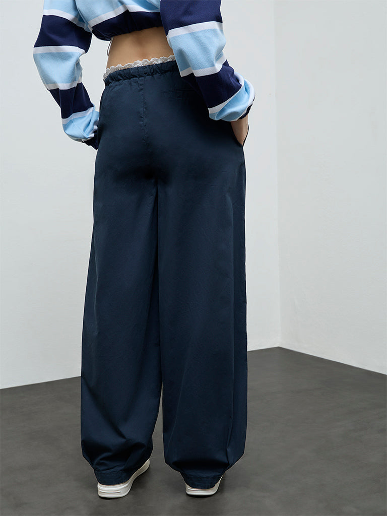 Nuon Navy Solid High-Rise Cotton Pants