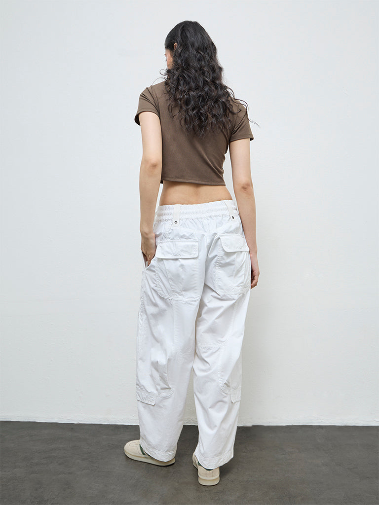 Nuon White Solid High-Rise Cotton Cargo Pants