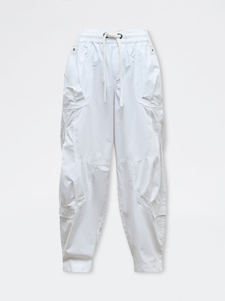 Nuon White Solid High-Rise Cotton Cargo Pants