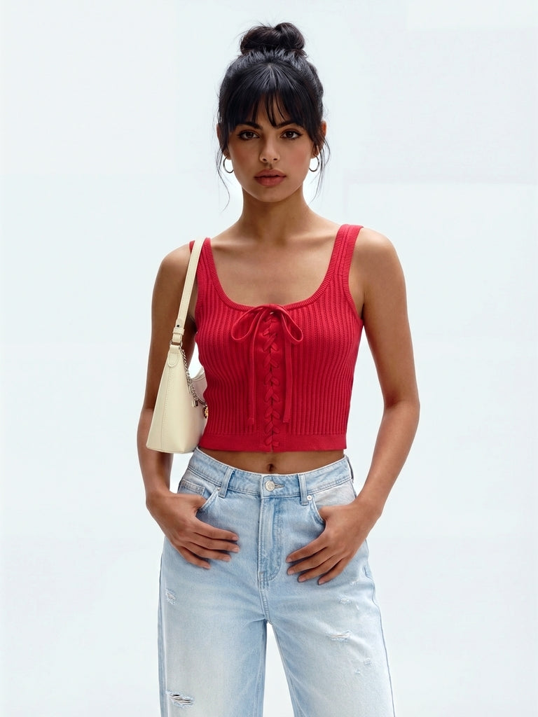 Buy Nuon Red Ribbed Lace-Up Crop Top from Westside